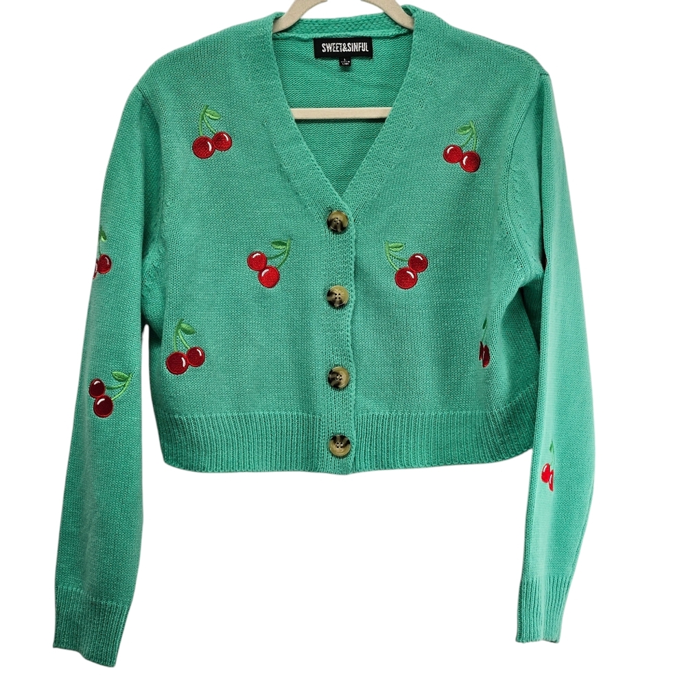 Sweet & Sinful Cherry Embroidered Crop Cardigan Size L Y2K Cottagecore Edgy Boho